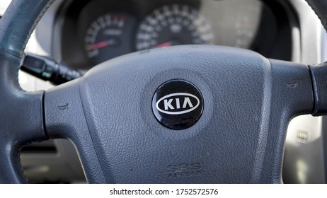 Levittown, PA / USA - June 8, 2020: Closeup Of Steering Wheel Of A 2005 KIA Steering Wheel. Well Used And Still Looking Good. 