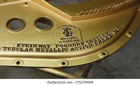 Levittown, PA / USA - June 9, 2020: Cast Iron Plate From A Steinway M Grand Piano. Refinished And Re-lettered. 