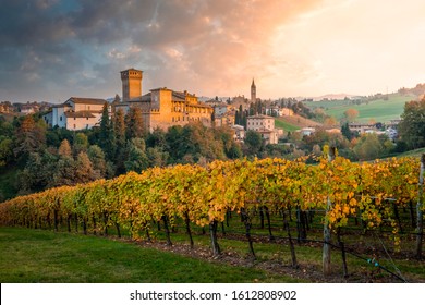 Levizzano Rangone countryside and vineyards during sunset. Levizzano Rangone, Castelvetro di Modena, Modena province, Emilia Romagna, Italy