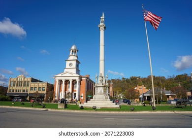 Lewistown, PA, USA - November 3, 2021: Monument Square, at Main and Market Streets in Lewistown, serves as a memorial to Logan Guards, a militia group in the US Civil War.