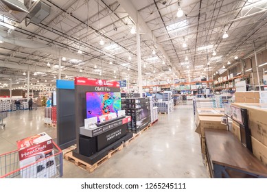 LEWISVILLE, TX, USA-NOV 26, 2018:Wide selection of 4K, UHD, big screen TV on display at Costco Wholesale store. American multinational corporation operates a chain of membership-only warehouse clubs