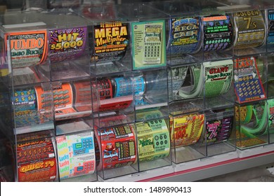 Lexington, Kentucky August 12, 2019: Instant Lottery Scratch Off Tickets On Display. 