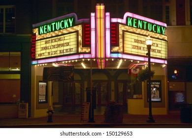 LEXINGTON, KENTUCKY - CIRCA 1990'S: Neon Marquee Sign For Movie Theater Saying In Lexington, KY