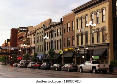 Lexington, Kentucky / USA - May 6, 2018: City main square with boutique shops and restaurants