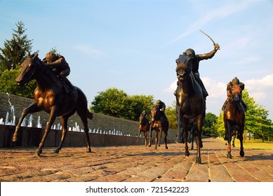 Lexington, KY, USA June 24 Gwen Reardon's life size statues in Thoroughbred Park Honor the Horse Racing Legacy of the Kentucky Blue Grass Region