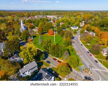Lexington town center aerial view in fall on Lexington Common and First Parish Church, town of Lexington, Massachusetts MA, USA.  - Shutterstock ID 2222114551