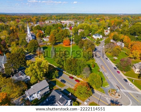 Lexington town center aerial view in fall on Lexington Common and First Parish Church, town of Lexington, Massachusetts MA, USA. 