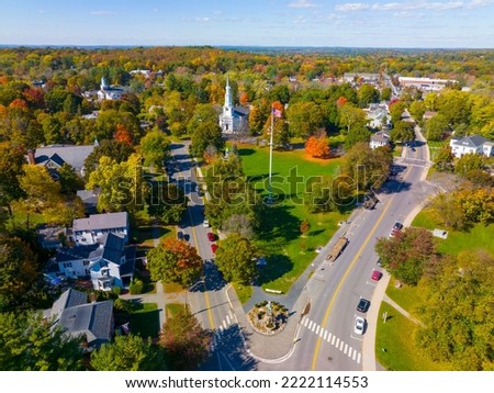 Lexington town center aerial view in fall on Lexington Common and First Parish Church, town of Lexington, Massachusetts MA, USA. 