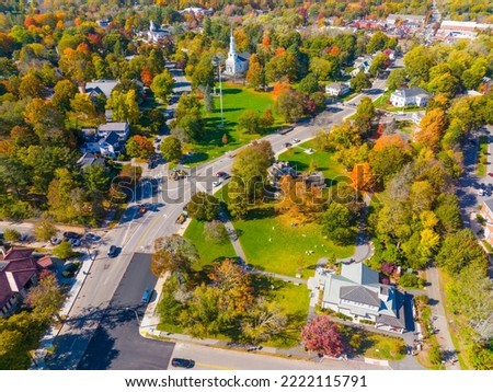 Lexington town center aerial view in fall including Visitor Center, Lexington Common and First Parish Church, town of Lexington, Massachusetts MA, USA. 