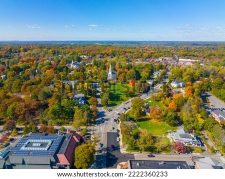 Lexington town center aerial view in fall on Massachusetts Avenue with Lexington Common and First Parish Church at the back, town of Lexington, Massachusetts MA, USA. 