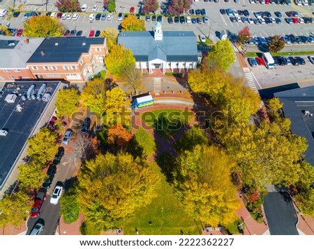 Lexington town center and Historical Society building aerial view in fall at Depot Square on Massachusetts Avenue, town of Lexington, Massachusetts MA, USA. 