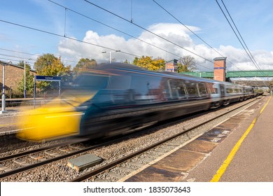 Leyland , Lancashire/England - 15.10.2020 - British Rail Class 390 Avanti West Coast Train Passing At High Speed Through Leyland Railway Station