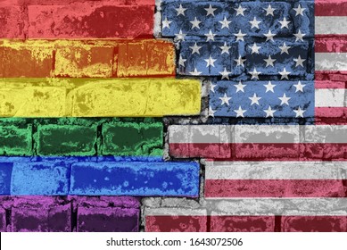 LGBT and America flag on brick wall
