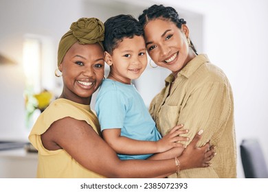 LGBT, child hug or portrait of happy family, non binary mama or transgender mom bonding, smile and care for young son. Lesbian love, home and face of gay people, mothers or women embrace adoption kid - Powered by Shutterstock