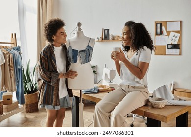 LGBT couple joyfully transforming clothes in their stylish home workshop. - Powered by Shutterstock