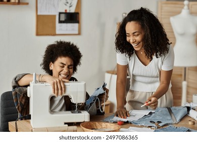 LGBT couple joyfully transforms old clothes with sewing machine and creativity. - Powered by Shutterstock