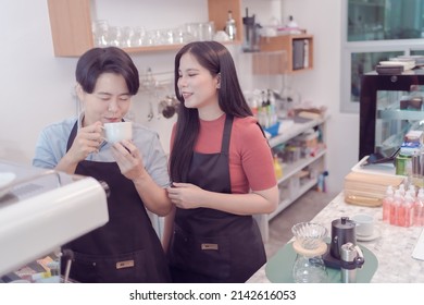 An LGBT Couple Who Runs A Coffee Shop Business Owner Is Busy Making Coffee With Love In His Shop But The Atmosphere Was Filled With Happiness. Which Today Is The First Day To Open The Shop