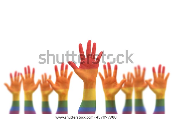 人々の手に虹の国旗を掲げたlgbtの平等権利運動と男女平等のコンセプト の写真素材 今すぐ編集
