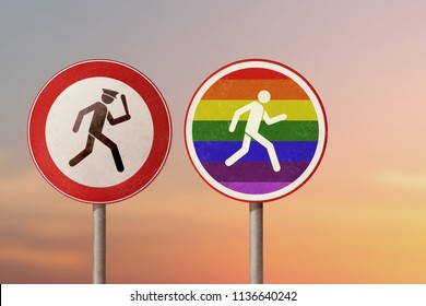 LGBT, Homosexual Discrimination, Homophobia - Policeman Catches A Gay Man. Road Signs.