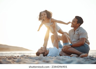 Lgbt men, child and playing on beach at sunset, airplane games and island holiday together. Love, happiness and sun, gay couple on tropical ocean vacation, parents with daughter on fun picnic on sand - Powered by Shutterstock