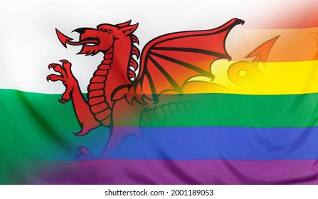 LGBT movement concept with fabric rainbow flag merged with real textile flag of Wales
 - Powered by Shutterstock