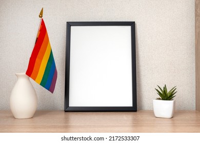 LGBT Office, Desk With Rainbow Flag And Stationery, Blank Frame With Space For Text	