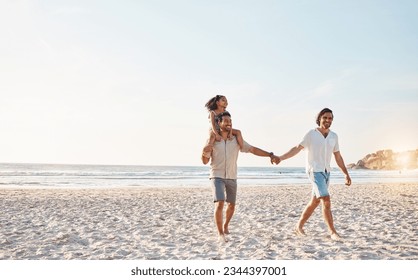 Lgbt parents on beach, men and child holding hands in summer, walking and island holiday together. Love, happiness and sun, gay couple on tropical ocean vacation with daughter on piggy back mockup. - Powered by Shutterstock