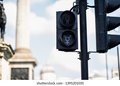 LGBT Pedestrian Traffic Light Signals Symbolizing Equality, Diversity And Tolerance In Trafalgar Square, London, UK