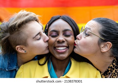 Lgbt People Activist For Equality And Rights, Three Lesbian Women Kissing, Mixed Age Range,  Fluid Gender Homosexuality Concept