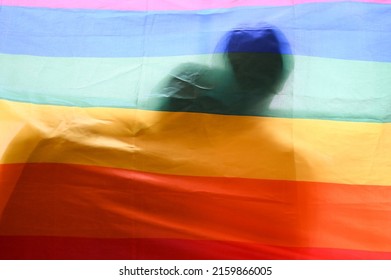 LGBT Rainbow Flag With A Shadow Of Gay Couple Cuddling. Gay Pride, Bisexual, Transgender, Homosexual, LGBT Love Symbol.