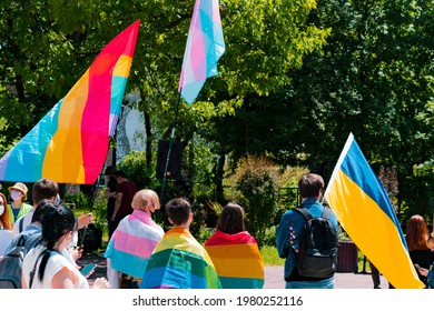 LGBT And Transgender Protest In Ukraine. Ukrainian Flag. Transsexuality. Transexual. Movement. Strike. Right. Protest. Street. Outdoor. Rally