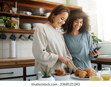 Lgbtq, couple and women with smartphone and cooking with happiness in kitchen for breakfast or nutrition in morning. Food, people and home with romance and lesbian or natural face for care or love - Powered by Shutterstock