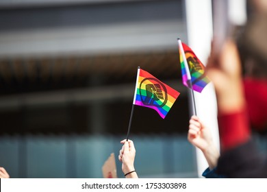 An LGBTQ pride flag up in the air and the drawing the protest fist it to show that gay community supports the movement 