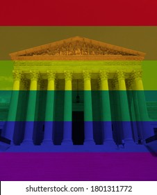 LGBTQ Rainbow Flag Colors With The US Supreme Court In Washington DC -- Gender Equality Concept                               