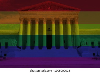 LGBTQ Rainbow Flag Colors With The US Supreme Court In Washington DC -- Gender Equality Concept 