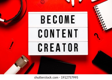 Lght box Create content on red abstract background . Content creators and  online education concept. Top horizontal view copyspace