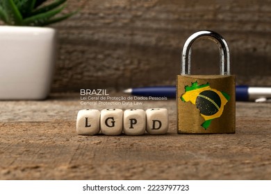 LGPD (brazilian data protection law) concept: lock with brazil flag and some die with the acronym of the Brazilian data protection law (Lei Geral de Proteção de Dados Pessoais)	 - Shutterstock ID 2223797723