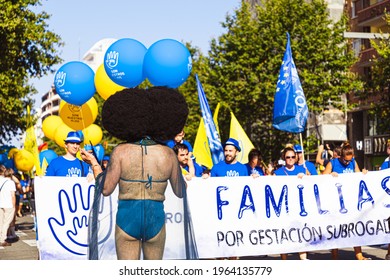 LGTBQ Pride Festival Celebration. Barcelona - Spain. June 29, 2019: A Group Of Parade Participants In Blue Suits Advocate For The Adoption Of A Surrogacy Law