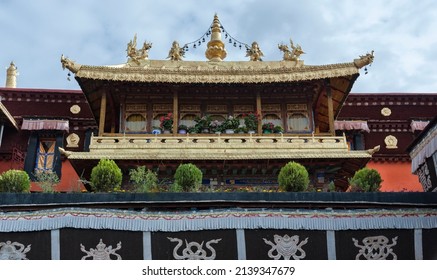 LHASA, TIBET - AUGUST 18, 2018:  Details of the Jokhang Temple in Lhasa, Tibet.
It is one of the famous Buddhist monasteries in Lhasa
