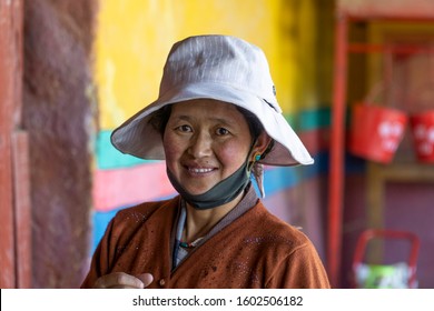 Lhasa, Tibet, China, Chengguan District, June 24 2019: Meeting With Women Wearing Traditional Clothes, Close-up View