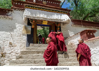 Lhasa, Tibet, China, Chengguan District, June 22 2019: Monastery Sera The Monks The Monks Go To The Debate Practice