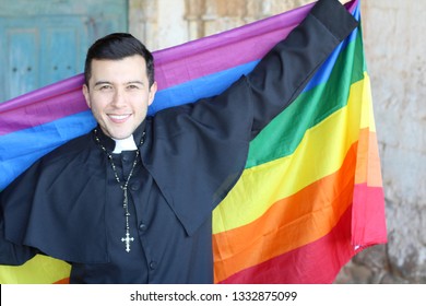 Liberal Priest Holding The Rainbow Flag
