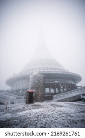 Liberec, Czech Republic - December 20th 2021: Jested TV Tower On A Very Foggy Snowy Winter Day