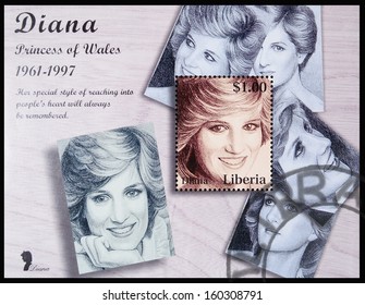 LIBERIA - CIRCA 1997: A Postage Stamp Printed In Liberia Showing Pictures Of Princess Diana; Circa 1997