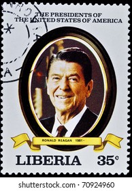 LIBERIA - CIRCA 2000s: A Stamp Printed In Liberia Shows President Ronald Reagan, Circa 2000s. 