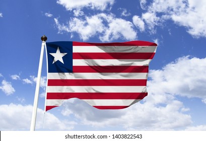 Liberia Flag Mockup Floating Under Blue Sky. Country Located In West Africa, History Is Unique Among African Nations. One Of 2 Sub-Saharan African Countries, Rootless In European Colonization. 