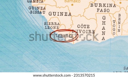 Liberia marked with Red Circle on Realistic Map.