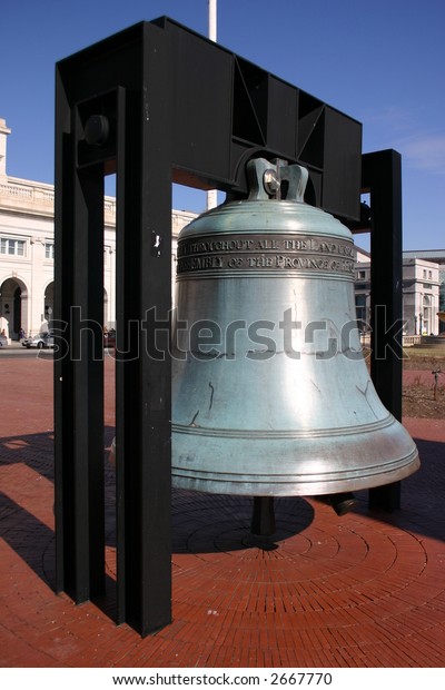 Liberty Bell replica in front of Union Station in\
Washington D.C.
