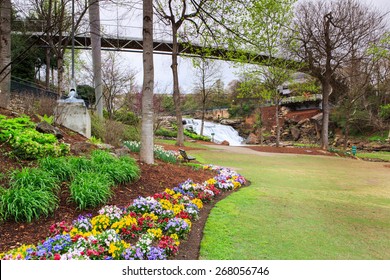 Liberty Bridge and spring flowers at Falls Park near Reedy River waterfalls in downtown Greenville, South Carolina.