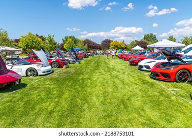 Liberty Lake, Washington USA - August 5 2022: A Small Car Show Featuring Vintage And High Performance Cars Including Corvettes At A Public Park In A Suburb Of Spokane Washington.